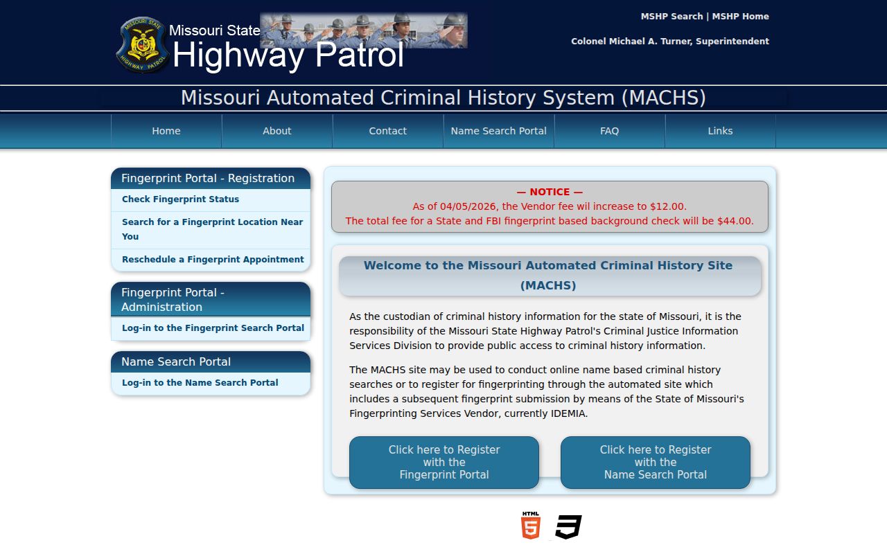 Randolph County criminal history fingerprint check through the Missouri MACHS portal